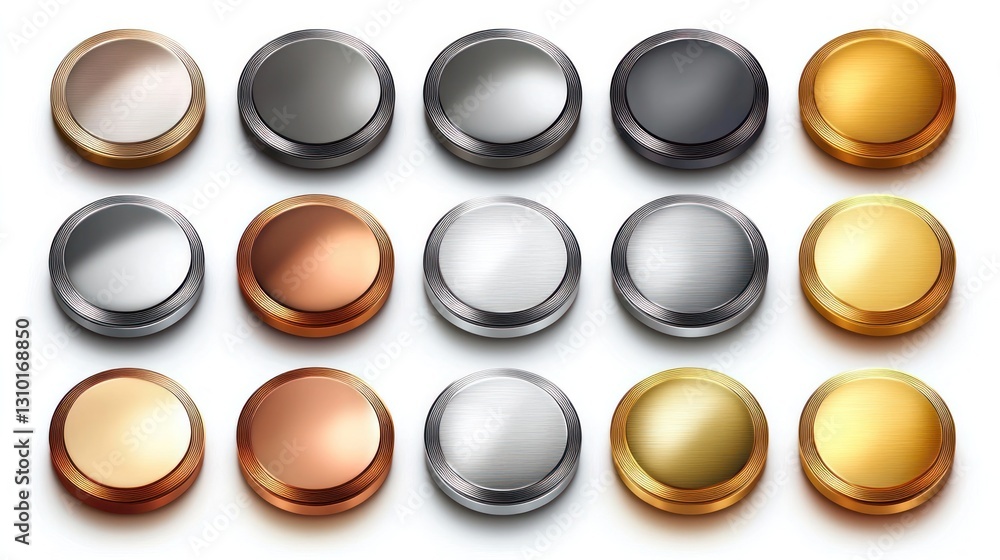 Poster collection of metallic round buttons in various colors and finishes.