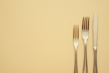 Cutlery arranged on a neutral backdrop featuring two forks and a knife in a clean layout