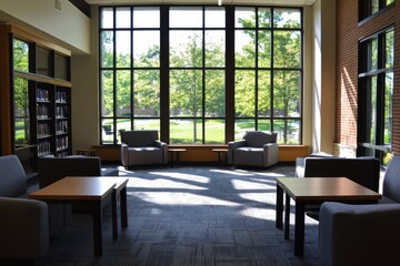 Fototapeta premium Relaxing reading area in a spacious library with natural light and comfortable seating