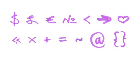 Special Characters and Punctuation Symbol Set, Hand-drawn Marker Glyphs with purple color on White Background