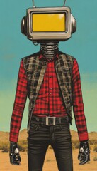 Futuristic cowboy with TV head in desert landscape