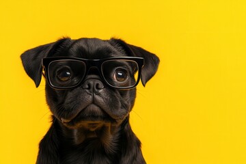 Playful black pug wearing glasses against a bright yellow backdrop showcasing its charming personality