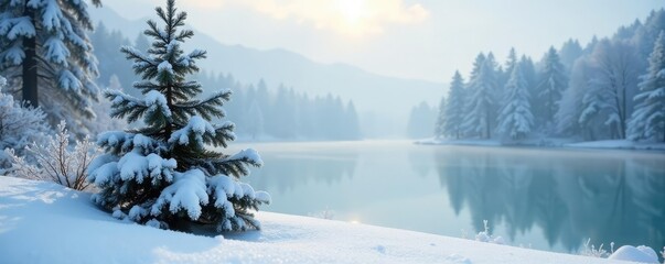 Pine tree covered in snow with a frozen lake in the background, frosty, peaceful