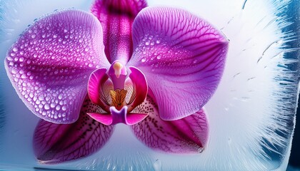 wallpaper with abstract pink orchid flower macro frozen in ice water
