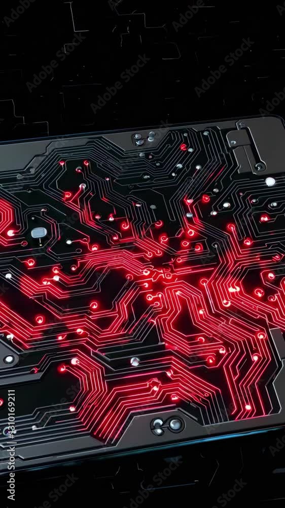 Wall mural a captivating view of a complex electronic circuit design illuminated by striking red lines against 