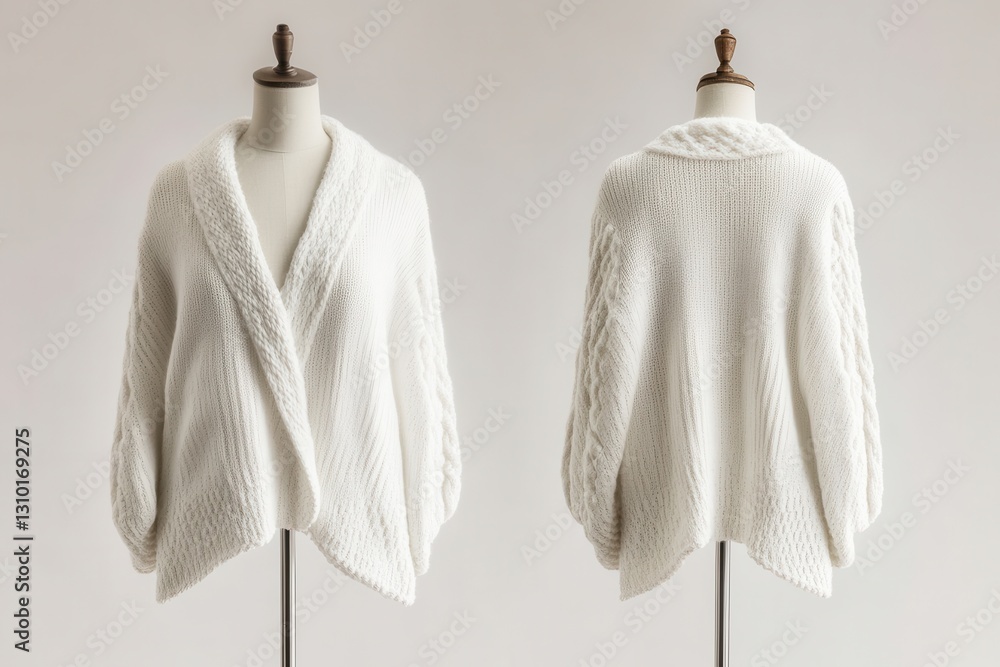 Poster cozy white knitted cardigan displayed on a mannequin showcasing front and back views in a minimalist