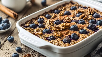 Realistic baked oatmeal dish with blueberries, walnuts, & a sprinkle of cinnamon, displayed in a white baking dish on a wooden table