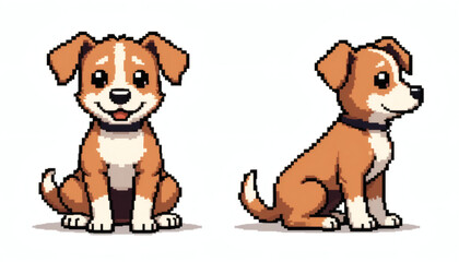 Fototapeta premium Retro pixelated 8-bit dog sitting front-facing and side profile wagging its tail, isolated on a white background