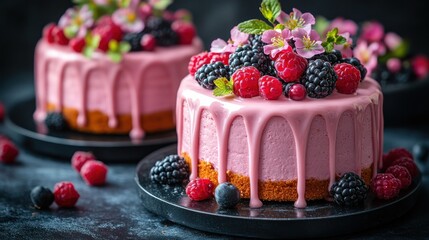 Pink berry cheesecake dessert, dark background