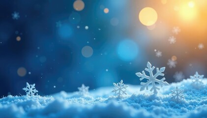 Naklejka premium Snowflakes falling on a blue and gold background with a subtle gradient effect, blue, snowflake, cold