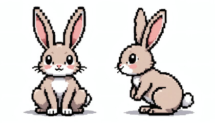 Retro game-style pixelated 8-bit rabbit with long ears, sitting front-facing and hopping side profile, isolated on a white background for a nostalgic pixel art vibe.