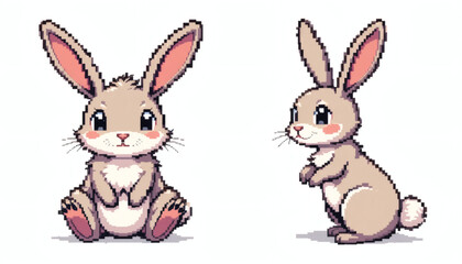 Retro game-style pixelated 8-bit rabbit with long ears, sitting front-facing and hopping side profile, isolated on a white background for a nostalgic pixel art vibe.