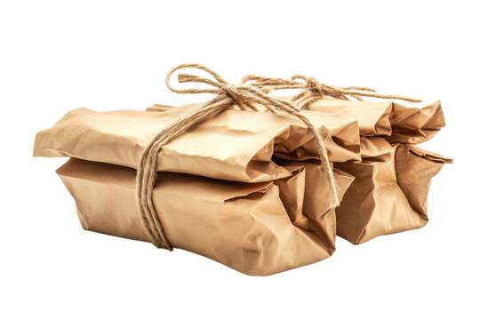 Wrapped brown packages tied with string stacked neatly on a plain background