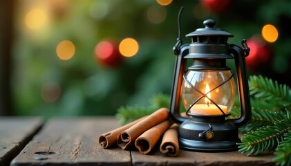 Spruce needles and cinnamon sticks in a metal lantern,, Spruce, evergreen tree