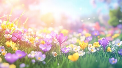 Fototapeta premium Spring Blooms: A vibrant and enchanting landscape is awash with a kaleidoscope of colorful wildflowers, bathed in the soft, warm embrace of sunlight, evoking feelings of renewal and happiness.