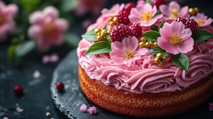 Pink floral cake, raspberries, dark background, dessert