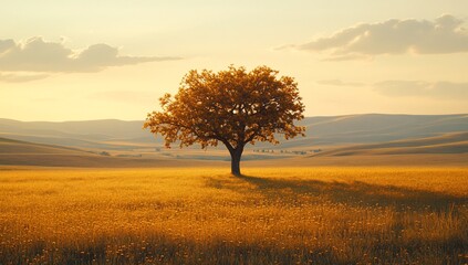 Obraz premium Solitary tree in golden field at sunset