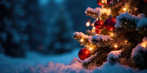 Twinkling lights adorn a majestic Christmas tree, lights, icy