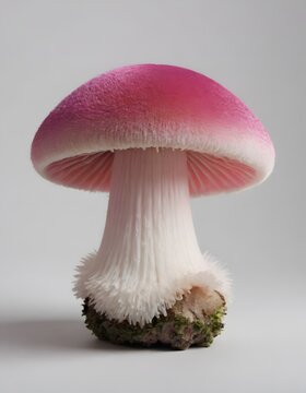 A vibrant pink mushroom with a white base against a white background.