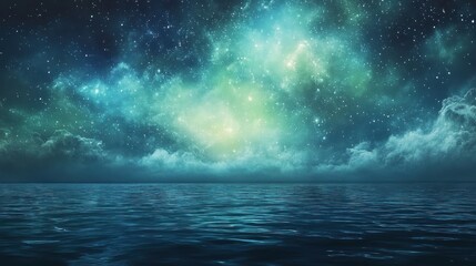 Fototapeta premium A mesmerizing night sky over a tranquil ocean, filled with vibrant nebulae and twinkling stars