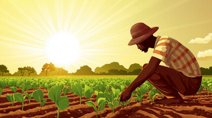 Farmer tending crops during sunset in a vibrant field of green plants