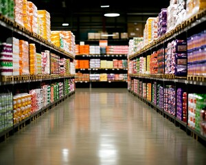 Fototapeta premium Grocery store aisle with packed shelves, warehouse interior, bright lighting
