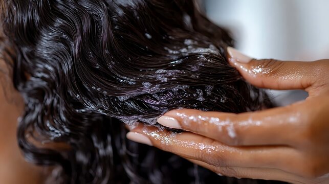 Woman washing curly hair in bathroom, close-up