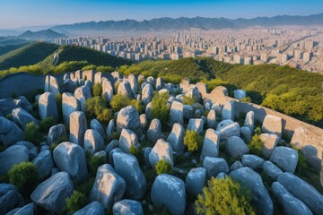Fototapeta premium arafed view of a city and a mountain with a lot of rocks