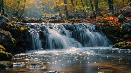 Autumn forest waterfall cascading over rocks, sunlit mist