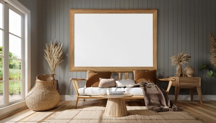 Frame Mockup in a Cozy Farmhouse Living Room Interior Authentic Rustic Elegance Blending with Modern Minimalism, Capturing the Warmth and Character of a 3D Render.