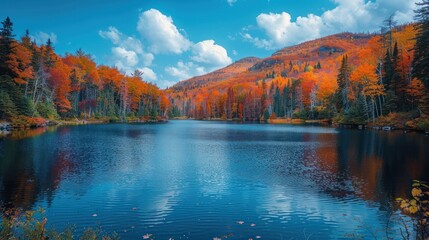Fototapeta premium Autumn forest reflected in calm lake with cloudy sky