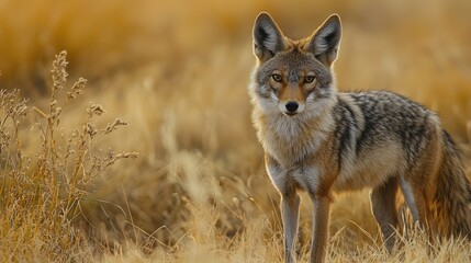 Obraz premium A coyote stands in a field of tall, dry grass, its fur the color of the setting sun. The animal's gaze is intense, capturing a moment of wild beauty.
