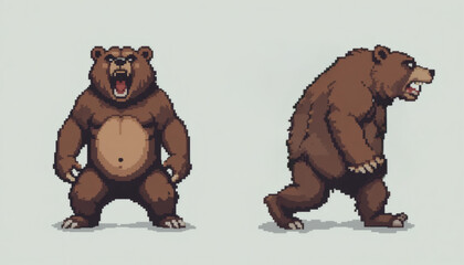Naklejka premium Classic 8-bit pixel sprite of a roaring bear, displayed in two perspectives: front-facing and side profile walking, isolated on a white background for retro gaming style.