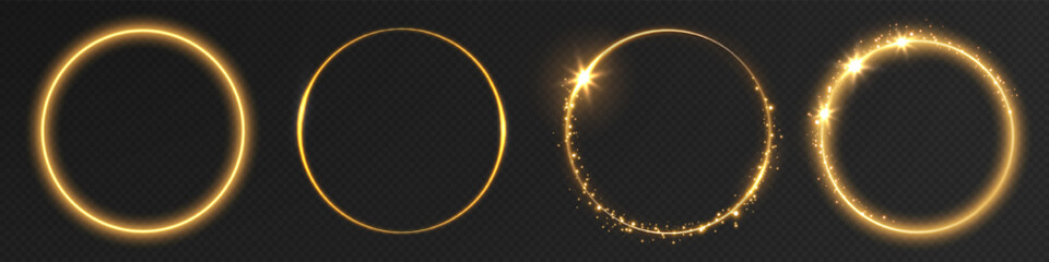 Glowing golden ring with swirling neon light trails and luminous energy effects. A high-quality vector illustration featuring a bright circular swirl of radiant golden light, creating a magic