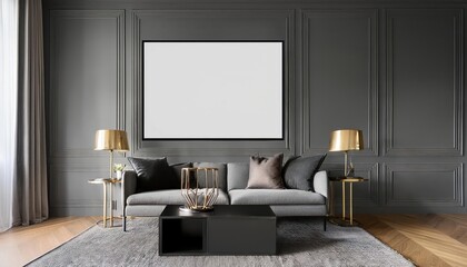 Elegant 3D Render of Gray Luxury Living Room with Sleek Black Console, Showcasing Sophisticated Decor and a Timeless Gray Mood