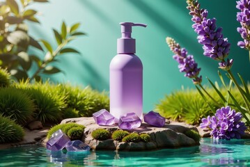 Purple cosmetic bottle with pump dispenser on a rock surrounded by lavender flowers and amethyst, promoting natural beauty products