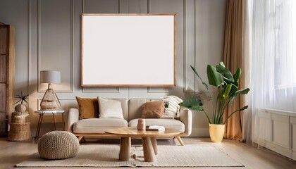 3D Rendered Nordic Living Room Interior Mockup Warmth Meets Modernity in a Cozy Minimalist Space, Bathed in Soft Natural Light and Neutral Tones