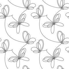 Hand drawn butterfly seamless pattern vector. Abstract backdrop illustration. Line continuous drawing. Insects wallpaper, cartoon black and white background, fabric, textile print.