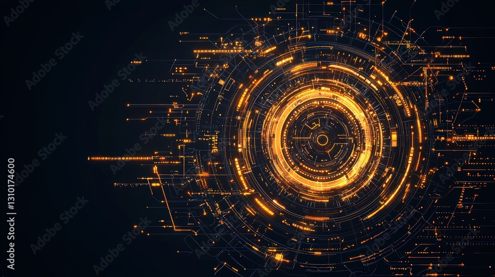 Poster abstract digital design featuring glowing circular patterns and intricate lines in a dark background