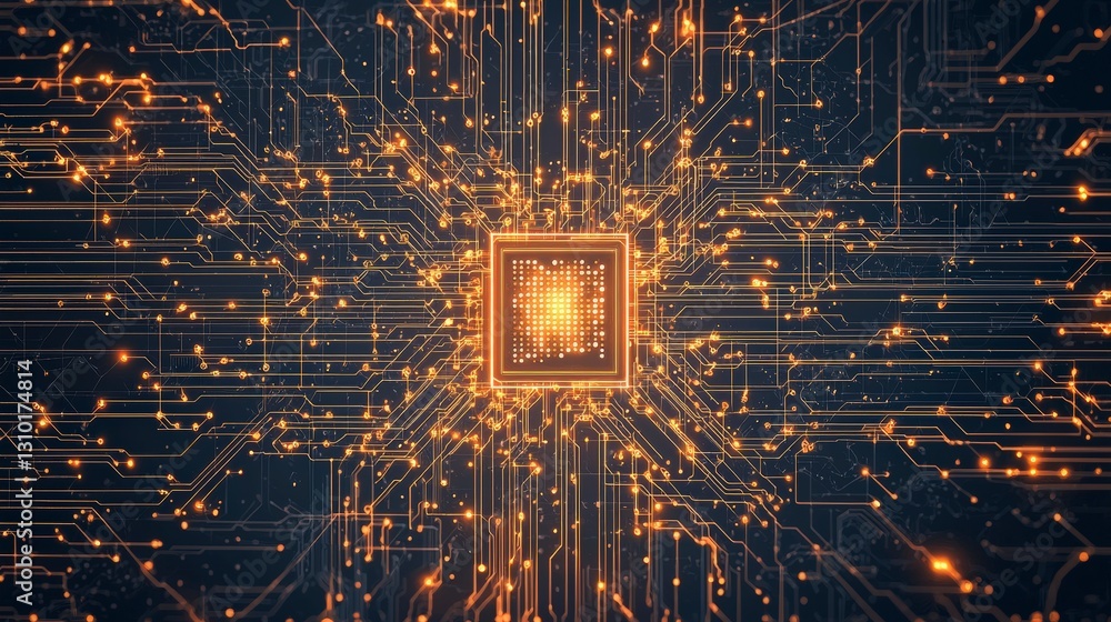 Poster abstract digital circuit with a glowing processor at the center, surrounded by intricate lines and l