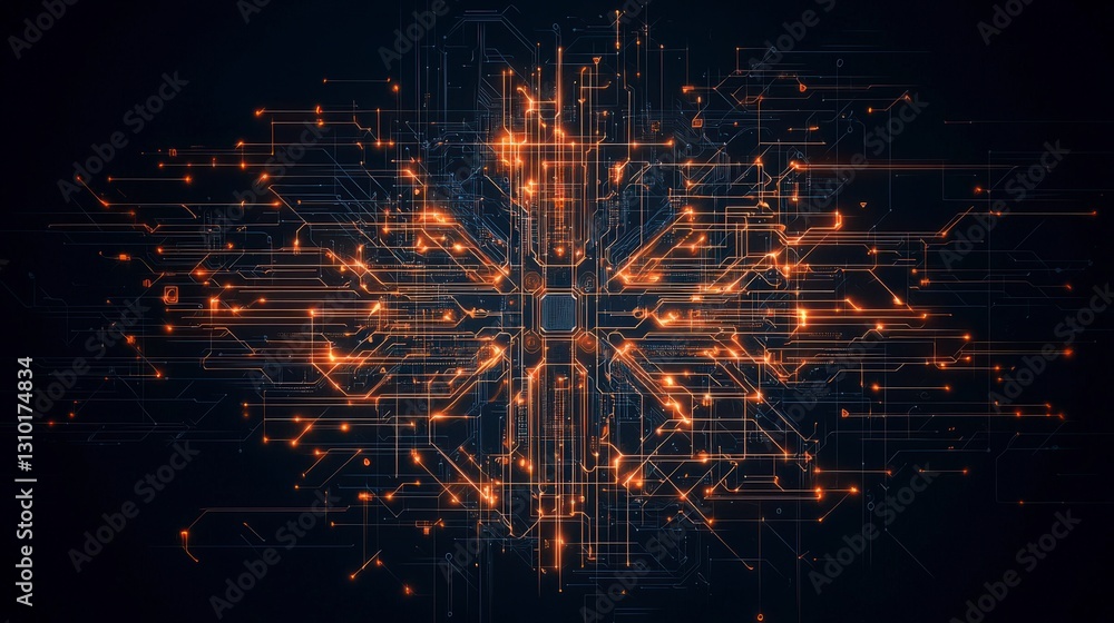 Poster abstract digital artwork featuring glowing lines and nodes in a dark background, representing techno