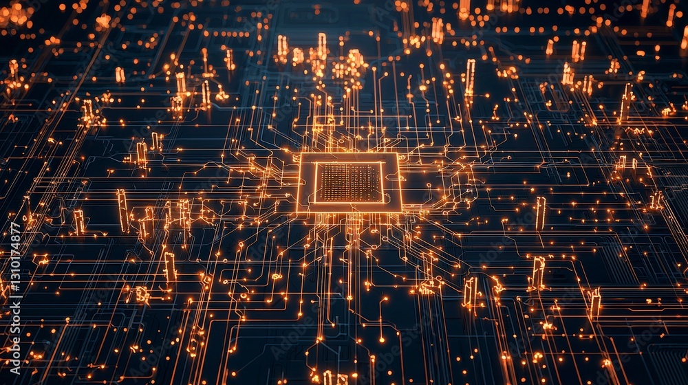 Poster abstract depiction of a digital circuit board glowing with orange lights against a dark background, 