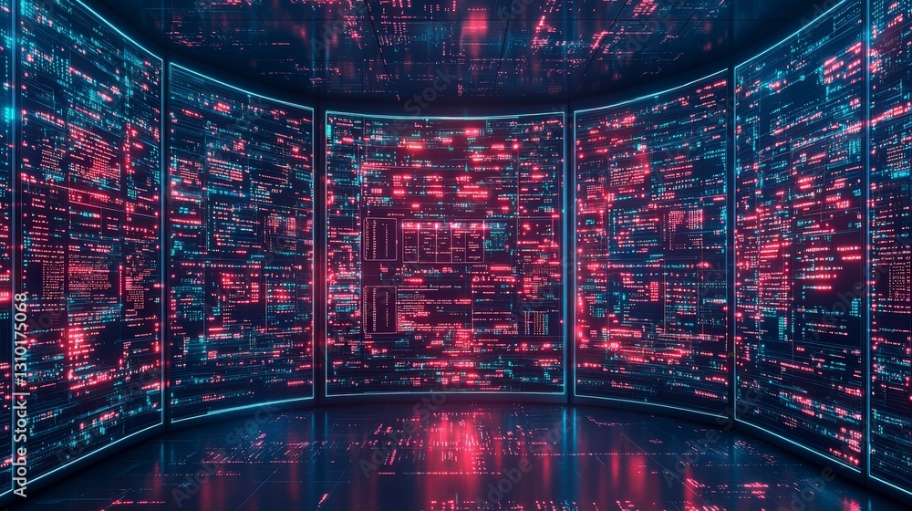 Poster futuristic digital environment with glowing screens displaying data in vibrant red and blue hues.