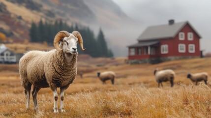 Obraz premium A majestic ram with large curled horns stands in a field of tall grass, with a red farmhouse and rolling hills in the background. The scene is peaceful and serene.