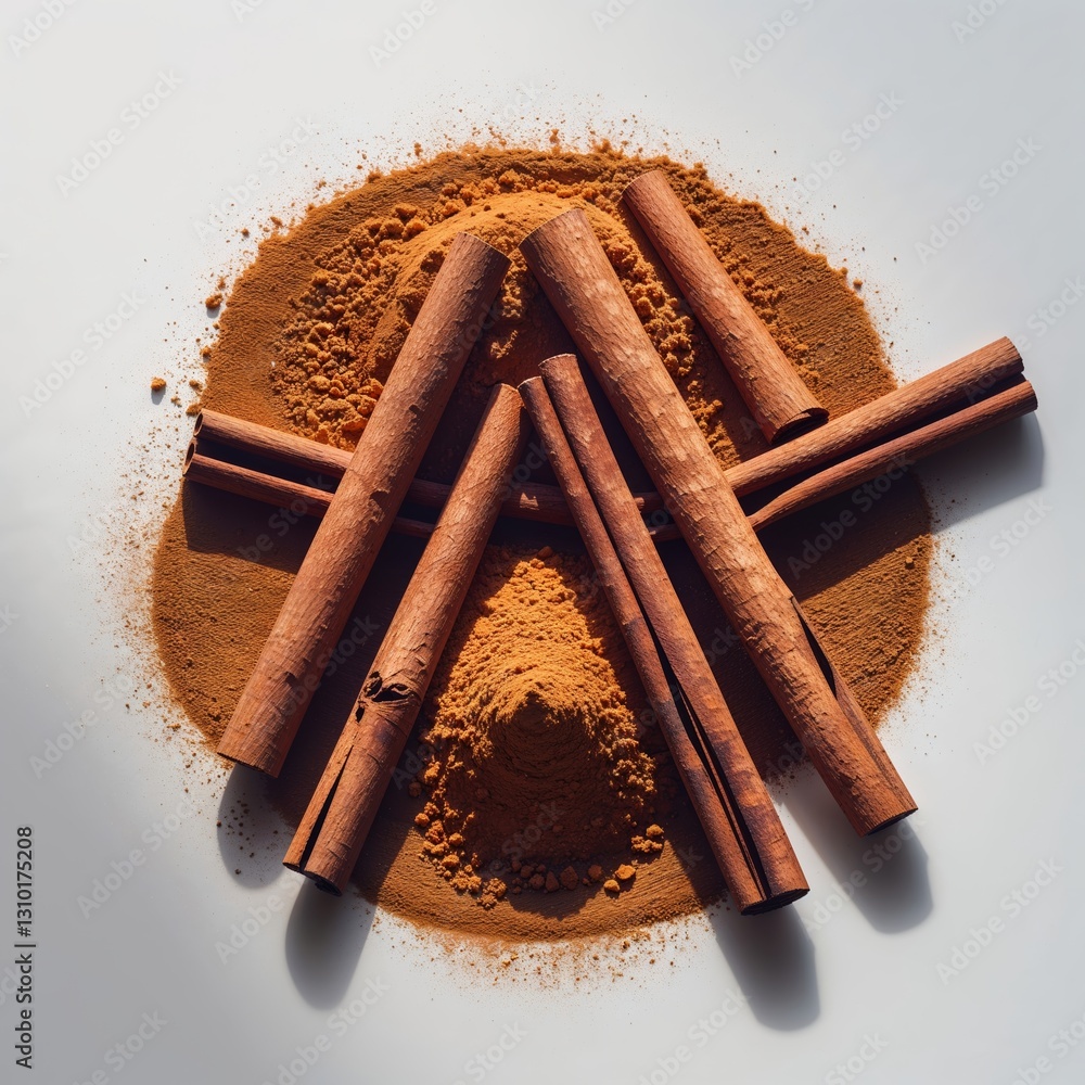 Aufkleber cinnamon sticks arranged on a bed of ground cinnamon create an inviting display in a well-lit kitche