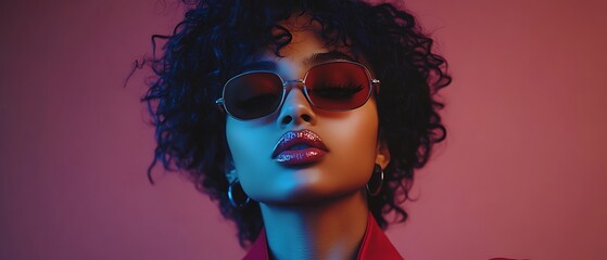 Obraz premium Woman with sunglasses poses in front of a pink background with blue lighting for ads