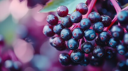 Close-up of a cluster of dark purple berries glistening with water droplets. The vibrant colors and soft focus create a dreamy, almost surreal atmosphere.