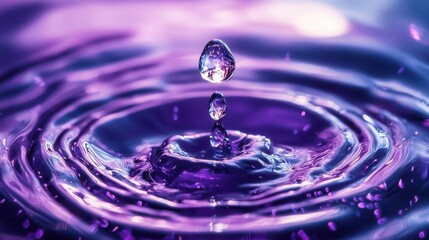 A mesmerizing close-up shot captures the moment a droplet of water falls into a pool, creating a symphony of vibrant purple and blue ripples.