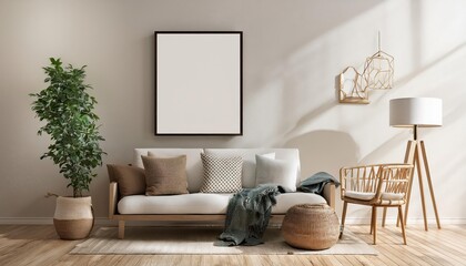 Frame mockup featuring ISO A paper size Living Room Wall Poster Mockup at Dusk with a Vibrant Artwork Depicting a Rustic yet Modern Scene, Perfect for Digital Art, Home Decor or Design