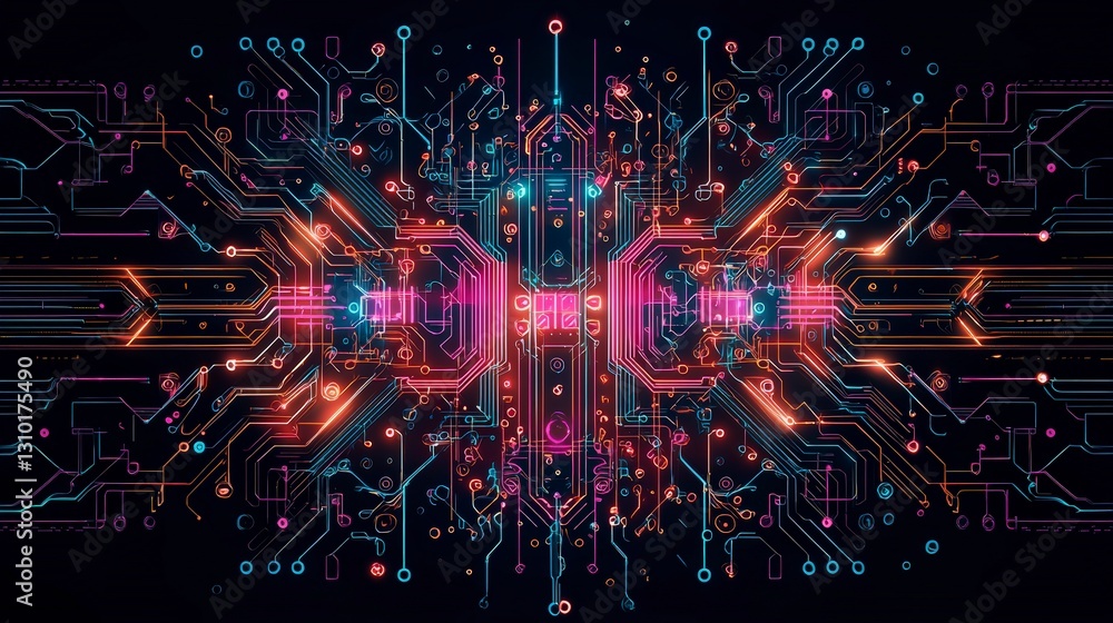 Poster futuristic digital circuitry design with vibrant colors and intricate patterns, creating a high-tech